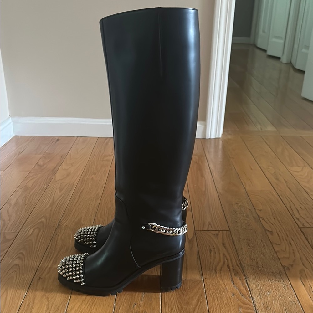 Studded Black Leather Knee-High Boots